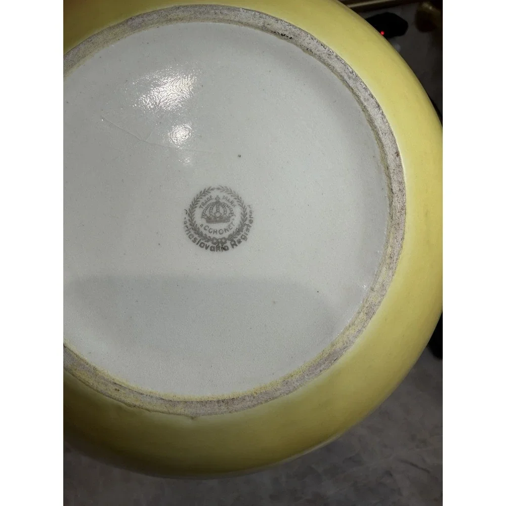 Vintage Crown Czechoslovakia Art Deco Yellow Black Porcelain Vase & Bowl Set